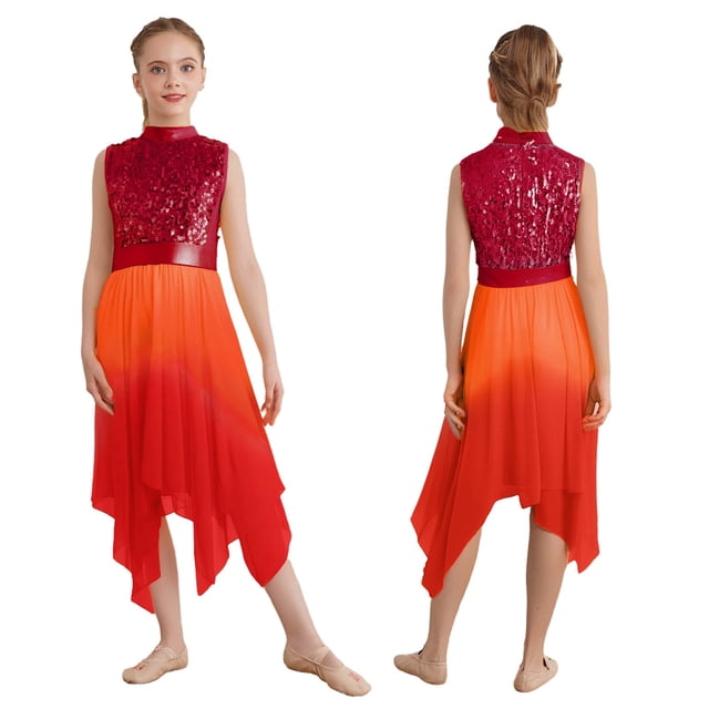 CHICTRY Filles Enfants Corsage à Paillettes Robe de Danse Liturgique de Louange Sans Manches Tunique de Culte Irrégulière Tenue de Danse d'Église Rouge 10