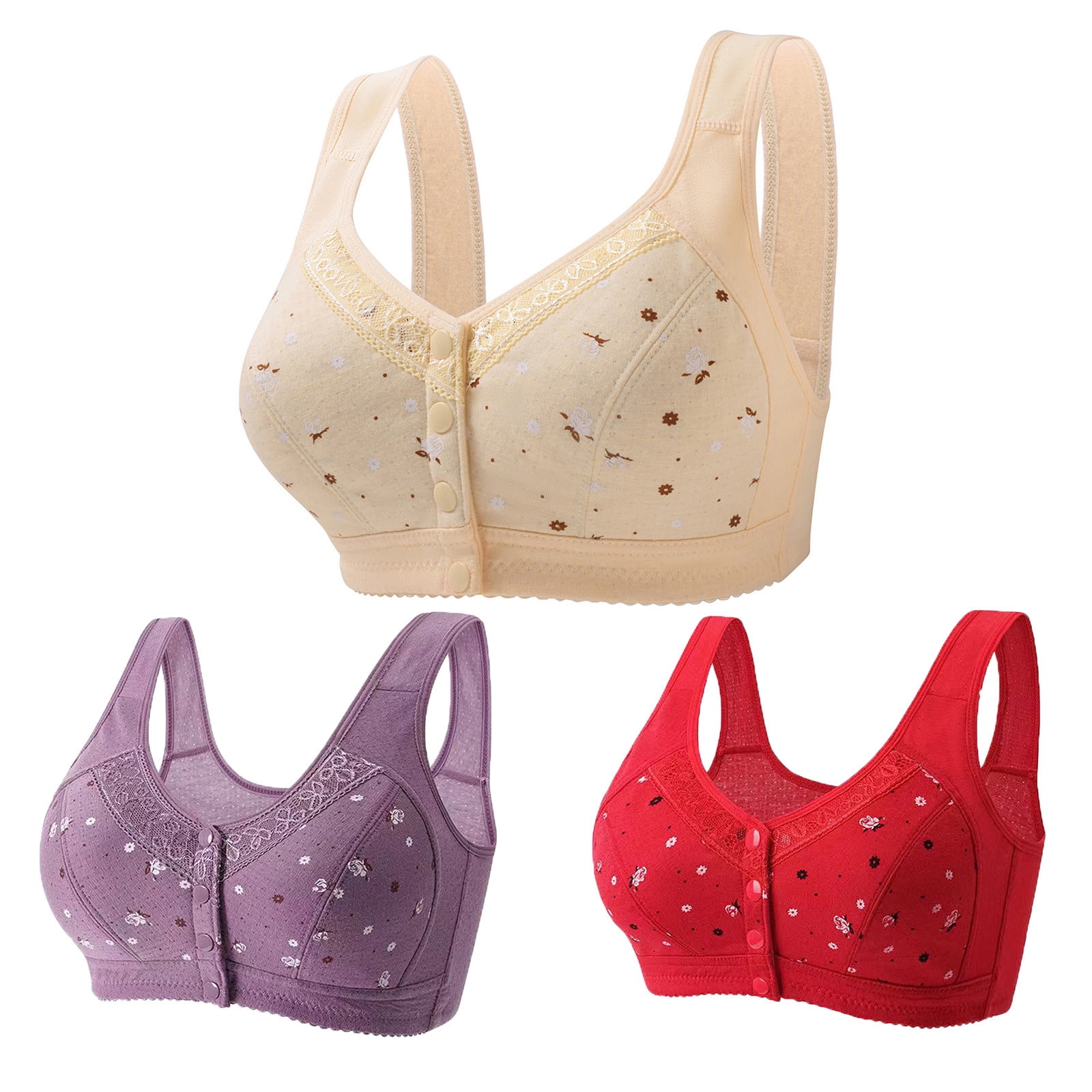 Lenpel Women's Plus Size Front Closure Bras 3 Pc No Underwire Printed Full Coverage Bralettes Comfortable Everyday Bras(Red,Medium)