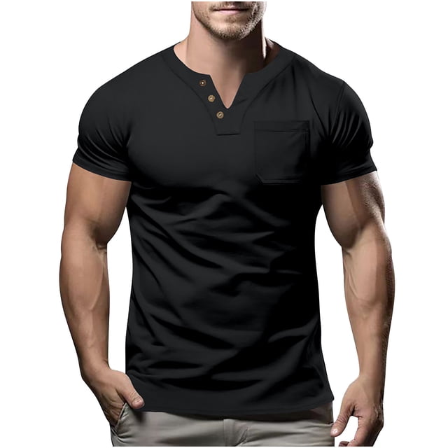Birdeem Shirts for Men Mens Fashion Casual Solid Color Button Short Sleeve V-Neck Blouses Shirts
