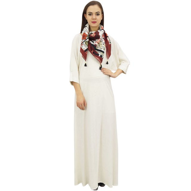 Bimba Robe Maxi pour Femme avec Foulard à Franges Boho Blanc Cassé Robes d'Été-10