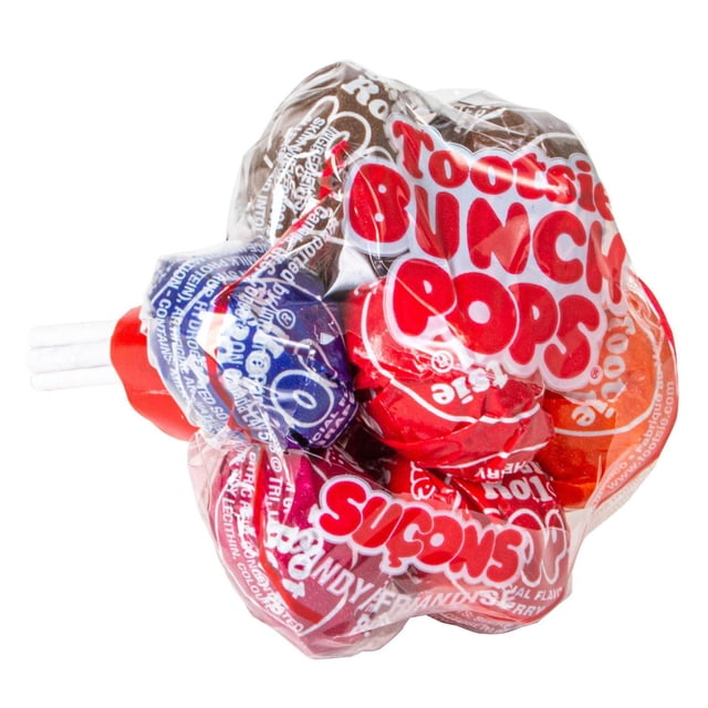 Tootsie Bunch Pops with seven individually wrapped lollipops in assorted colours including red, blue, purple, orange, and brown, each featuring a chewy Tootsie Roll centre and hard candy coating, ideal for sharing, party favours, or a sweet snack.