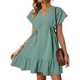 thumbnail image 1 of Offres jusqu'à 70 % de Rabais! Hauts d'Été pour Femmes 2024 Grande Taille Robes de Mode Manches Courtes Col en V Cordon Décontracté à Volants Robe Trapèze Courte Cadeau pour Femmes en Solde, 1 of 9