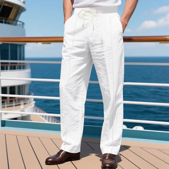 Mceream Mens Linen Blend Pants with Elastic Waistband Lightweight and Breathable Summer Beach Pants with Pockets Pantalon De Lino Para Hombre White XXL