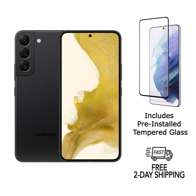 Refurbished Samsung Galaxy S22 5G S901U (Fully Unlocked) 128GB Phantom Black with Screen Protector. A fully unlocked smartphone featuring a 6.1-inch Dynamic AMOLED 2X display with 120Hz adaptive refresh rate, triple camera system including a 50MP primary lens, and 8K video recording. Includes pre-installed tempered glass screen protector, UL-approved power adapter, and charging cable. Professionally refurbished and backed by a 90-day warranty.