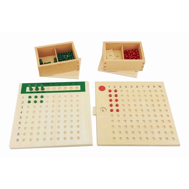 IFIT Montessori Multiplication Bead Board and Division Bead Board set designed for math learning and STEM education. The multiplication board includes 100 red beads, 10 numbered cards, and a red disc, while the division board features 81 green beads and 9 green skittles. Both boards come with wooden boxes for organized storage. Perfect for practicing multiplication tables from 1x1 to 10x10 and division tables with dividends 1-81 and divisors 1-9. Board dimensions are 23 cm x 23 cm.