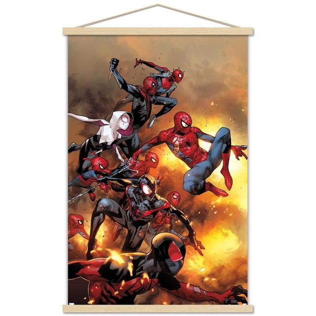 Marvel Comics - Spider-Verse - The Amazing Spider-Man #13 Affiche Murale, 22,375 Pouces x 34 Pouces art Mural Encadré Mettant en Vedette Plusieurs Personnages Spider-Man en poses d'Action Dynamiques Portant des Couleurs Classiques Rouge et Bleu, Noir et Rouge, et Blanc avec Complets Roses sur un Fond orange Ardent. Cette Affiche à Fini Satiné de Qualité Supérieure Est Légère et Facile à Accrocher, Convient à la Décoration de Chambre, Bureau Ou Dortoir.