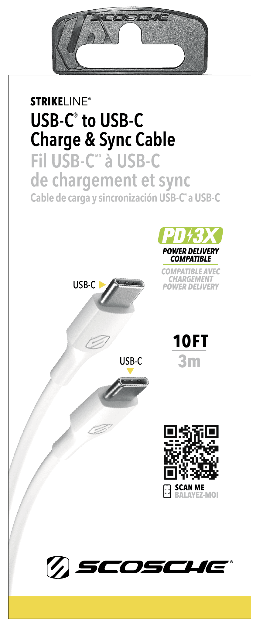 Scosche SCC10WT-SP Strikeline USB-C to USB-C 10 ft Long Fast Charging & Sync Cable 60W