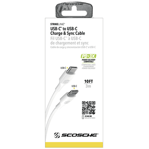 Scosche SCC10WT-SP Strikeline USB-C to USB-C 10 ft Long Fast Charging & Sync Cable 60W