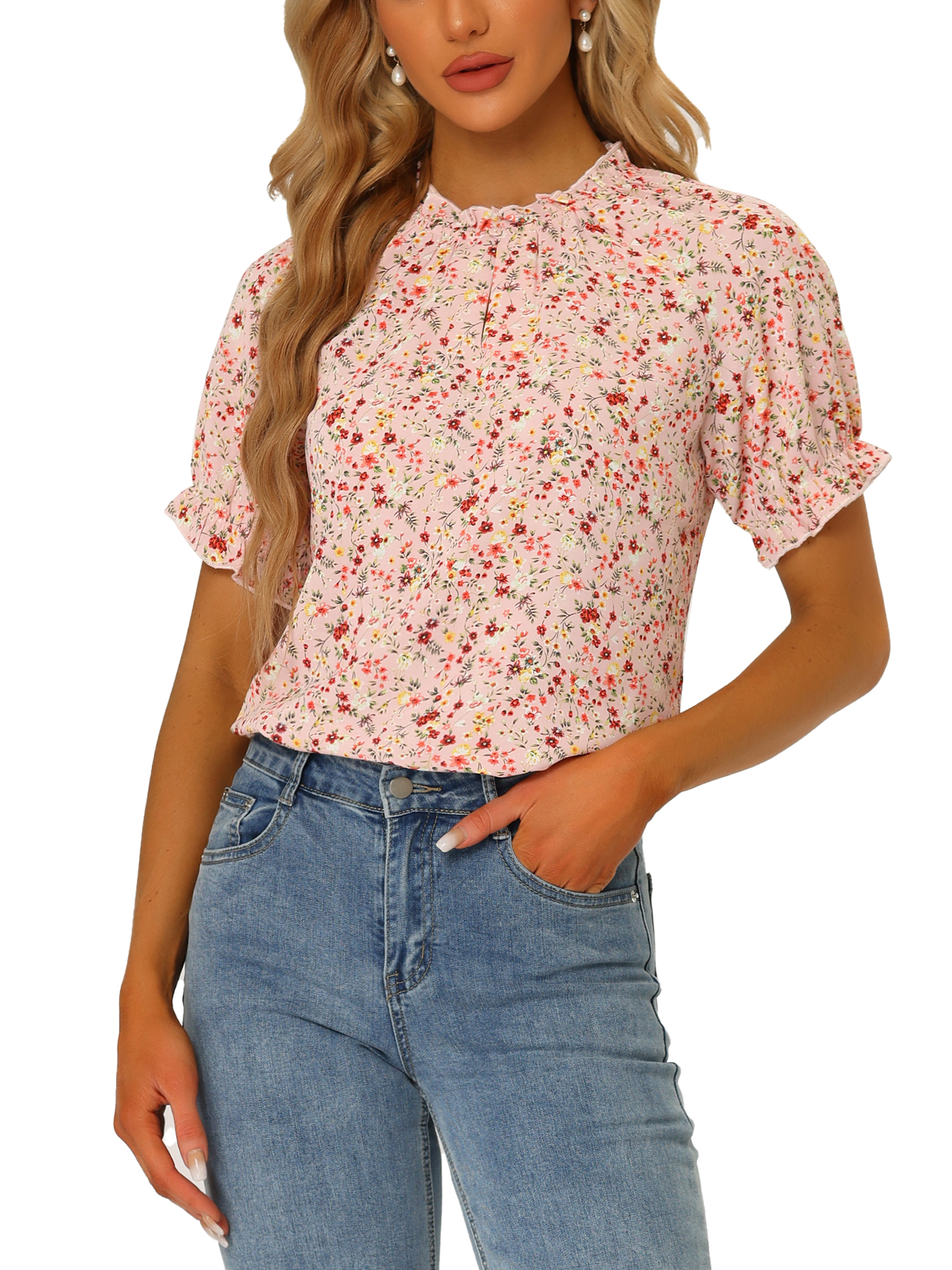INSPIRE CHIC Women's Blouse Floral Ruffled Short Sleeve Ruffle Neck Casual Blouses L Light Pink