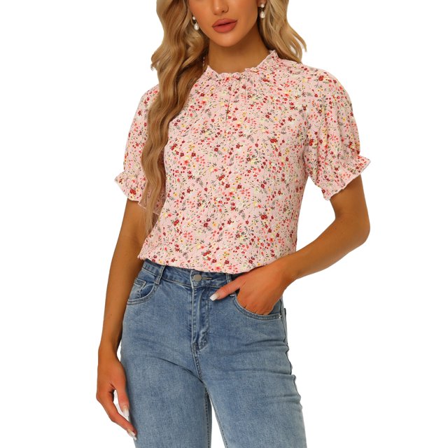 INSPIRE CHIC Women's Blouse Floral Ruffled Short Sleeve Ruffle Neck Casual Blouses L Light Pink