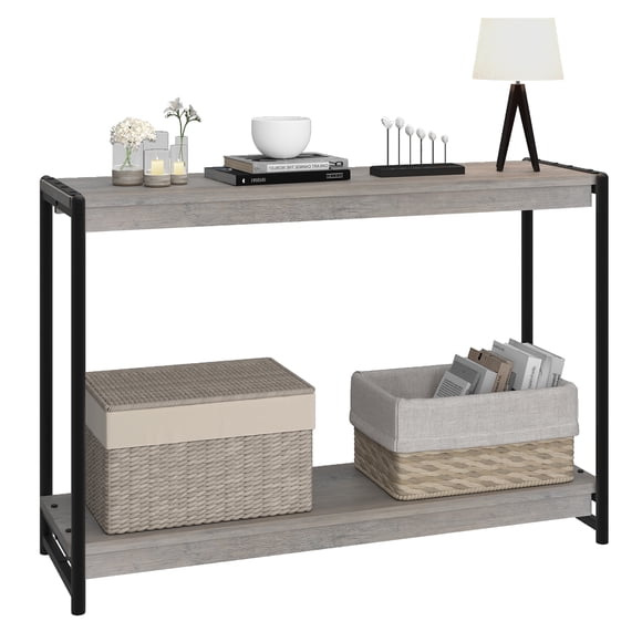 Table Console Étroite à 2 Niveaux Style Ferme - Meuble d'Accent pour Entrée avec Tablette à Lattes - Assemblage Facile, Design en Bois pour Salon, Couloir Ou derrière le Canapé - Gris