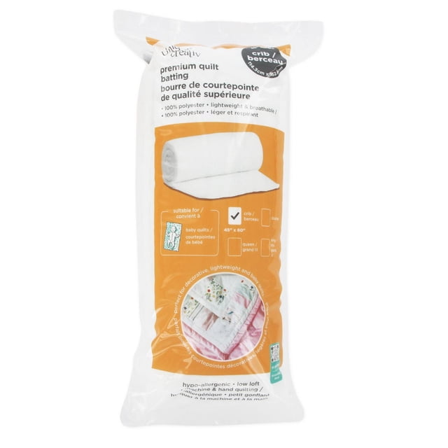 UNIQUE CREATIV Premium Quilt Batting crib size, 100% polyester low-loft roll in white, designed for baby quilts and lightweight quilting projects, breathable and hypoallergenic, ideal for smooth machine and hand quilting.