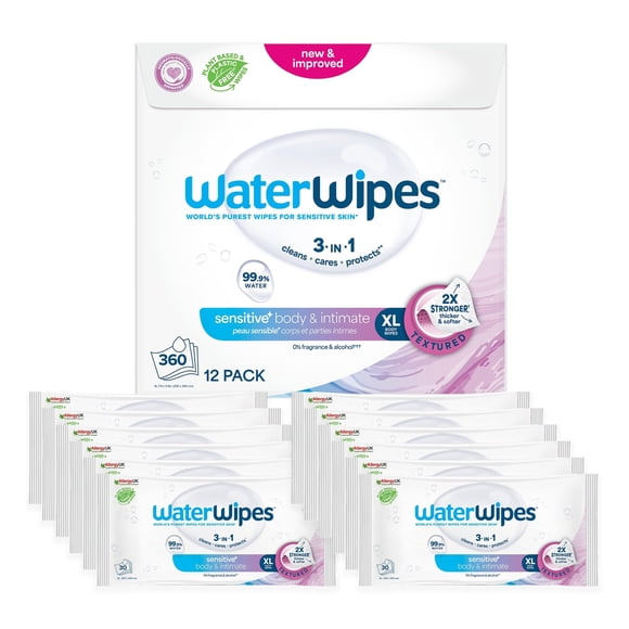 WaterWipes Adult Care Sensitive Body & Intimate Hygiene Wipes, 360 Wipes (12 Packs), Extra Large Textured, 99.9% Water-Based, For Everyday