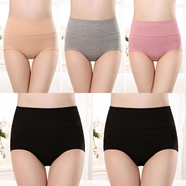 Soki Womens Underwear 6PC Cotton High Rise Briefs on Clearance. A set of six high-rise women's briefs in assorted colours, including beige, grey, pink, and black. These cotton briefs feature a traditional rise that sits at the belly button, providing moderate tummy support and full seat coverage. Designed with seamless leg openings and reinforced stitching for comfort and durability, they are suitable for everyday wear, postpartum use, or as c-section recovery underwear. The breathable fabric ensures optimal airflow, while the soft cotton waistband and leg bands enhance comfort.