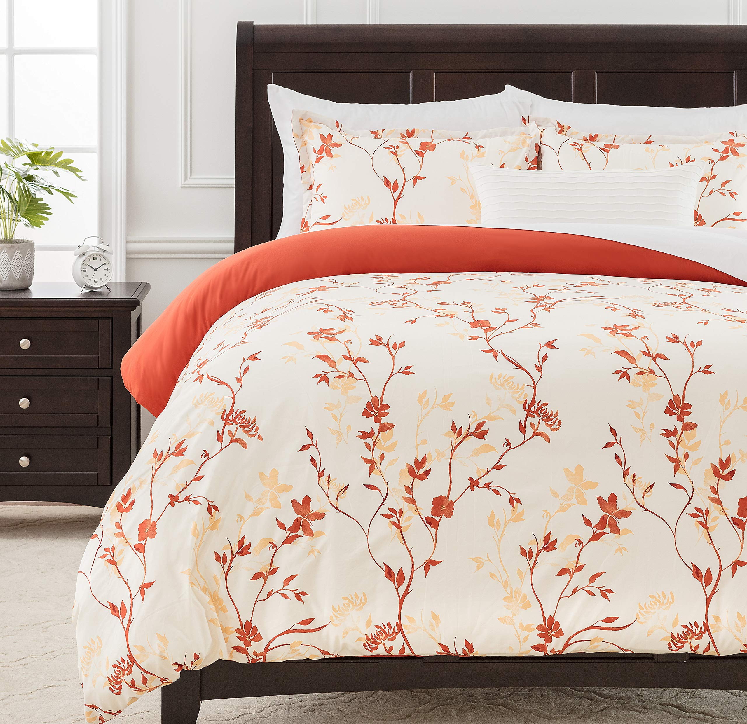 Chanasya Premium Floral Duvet Cover Set - Duvet Cover (104” x 90”) & 2 Pillow Shams (20” x 36”) - 3-Piece Set, King Size, Rust Orange