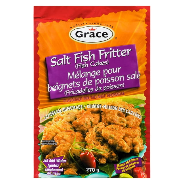 Grace Salt Fish Fritters Fish Cakes 270 g package with orange and red design featuring golden fried fish cakes on green leaves, a Caribbean homemade flavored mix that just requires adding water to prepare up to 40 fritters, suitable for easy Caribbean-style appetizers.