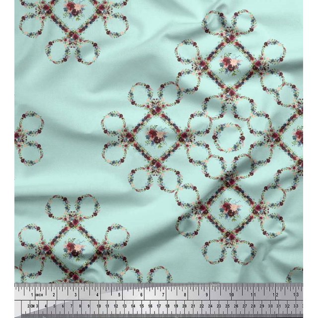 Soimoi Green Rayon Fabric Floral Wreath Geometric Decor Fabric Printed Yard 58 Inch Wide