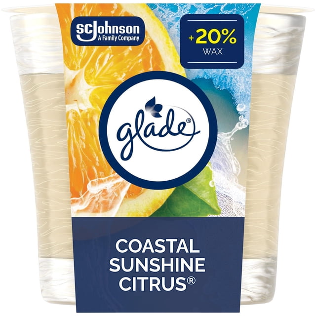 Glade® Bougie Parfumée Assainisseur d'Air Agrumes Soleil Côtier dans un Pot en Verre Transparent avec Cire Jaune Pâle, Étiquette Mettant en Vedette Tranche d'Orange, Feuille Verte et Éclaboussure d'Eau, Incluant Allégation de Cire +20 % et logo SC Johnson, Convient pour Créer une Atmosphère Intérieure Fraîche
