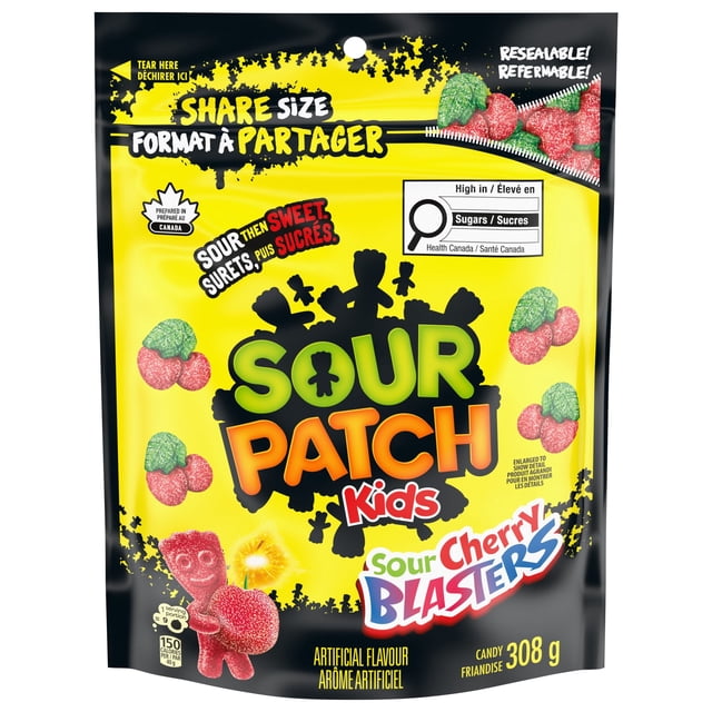 Sour Patch Kids Cherry Blasters gummy candy in a 308g resealable share-size bag with yellow and black packaging featuring red and green sour cherry-shaped gummies, highlighting sour then sweet flavour and artificial flavour, prepared in Canada, suitable for on-the-go snacking and sharing.