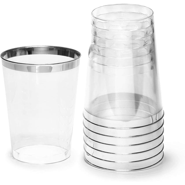 100 piece "OCCASIONS" Silver Rimmed Disposable Plastic tumblers, 10oz