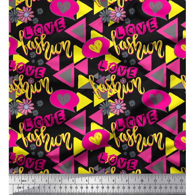 Soimoi Black Cotton Poplin Fabric Text,Heart & Triangle Geometric Print Sewing Fabric Yard 56 Inch Wide