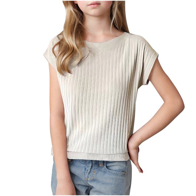 LLYWEY Girls Chandails Côtelés, Hauts Décontractés Amples à Manches Cap et Col Rond, Chandails à Enfiler, Chemises d'Automne, Beige, P