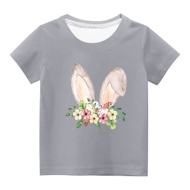 Penkiiy T-Shirts de Pâques pour Enfants Garçons Filles Mode Oreilles de Lapin de Pâques Imprimé Col Rond Manches Courtes 3 Ans Gris
