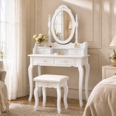 Ktaxon Elegance White Dressing Table Vanity Table and Stool Set Wood Makeup Desk with 4 Drawers & Mirror