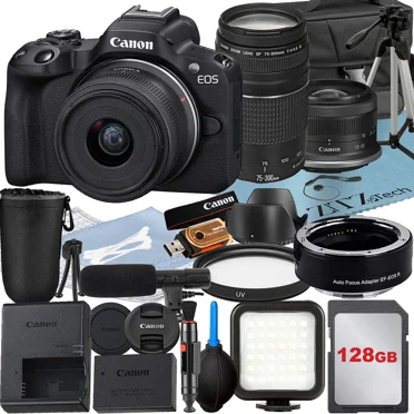 Canon EOS R50 Appareil Photo Sans Miroir avec Objectif RF-S 18-45mm + EF 75-300mm + Adaptateur de Monture + Carte Mémoire 128 Go + Étui + Flash LED + Ensemble d'Accessoires ZeeTech