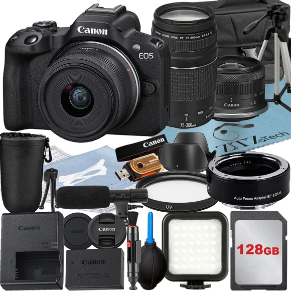 Canon EOS R50 Appareil Photo Sans Miroir avec Objectif RF-S 18-45mm + EF 75-300mm + Adaptateur de Monture + Carte Mémoire 128 Go + Étui + Flash LED + Ensemble d'Accessoires ZeeTech