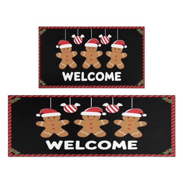 Christmas Kitchen Rug Set of 2 Non Skid Kitchen Mats for Floor,Welcome Christmas Gingerbread Man Candy Kitchen Floor Mats for Bathroom,Room Cooking (47x17+30x17in)