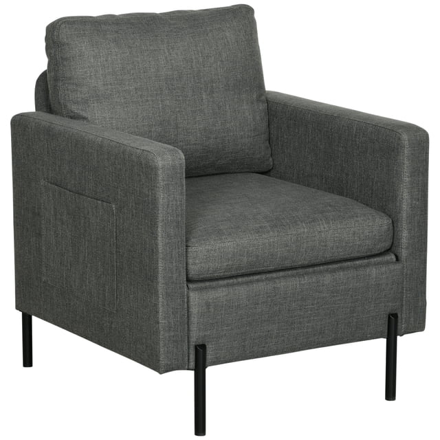 HOMCOM Fabric Accent Chair Modern Armchair with metal legs and side pockets in grey. Features breathable linen-feel fabric, overstuffed back cushion, and high-density foam padded seat cushion with spring pack for comfort. Includes protective foot pads and side pockets for storage. Dimensions: 28.7" W x 31.1" D x 34.3" H. Ideal for modern living room seating, guest bedrooms, or sunrooms.