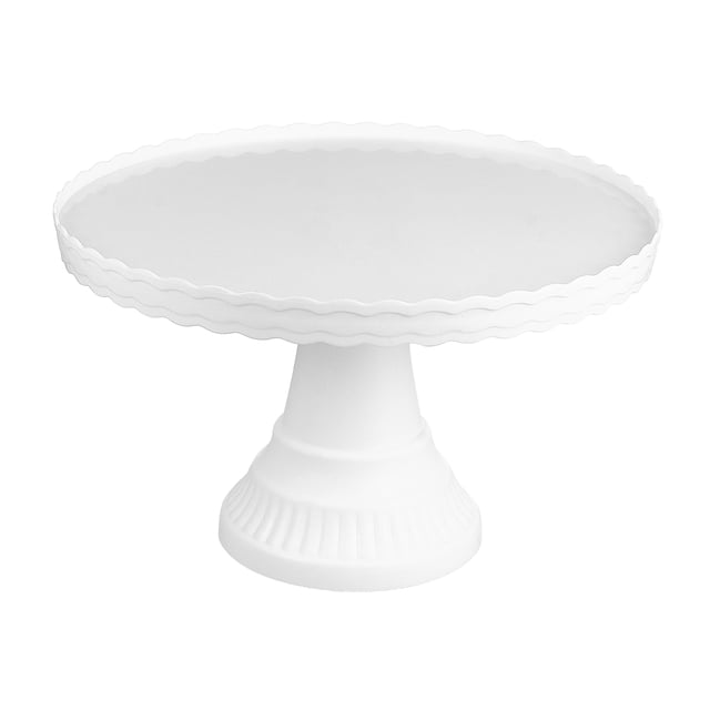 SHISUYAN Cake Display Stand Pastry Dessert Tray Plastic Cake Tray Cupcake Showing Stand. A white plastic cake stand with a round, scalloped-edge tray supported by a sturdy pedestal base. Approximate dimensions are 33 x 33 x 20 cm (12.99 x 12.99 x 7.87 inches). Suitable for displaying cakes, cupcakes, fruits, or desserts, and ideal for events like weddings, birthdays, or tea parties.