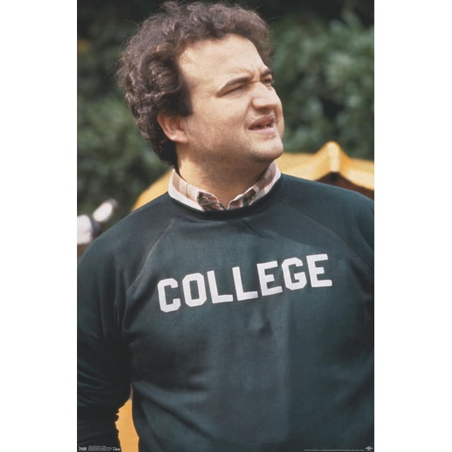 Personne Portant un Chandail Décontracté Vert Foncé avec le Mot « Collège » Imprimé en Grandes Lettres Blanches en Blocs sur la Poitrine, Superposé sur une Chemise à Col de Couleur Claire, Debout à l'Extérieur avec Verdure Floue et une structure Jaune en Arrière-Plan.