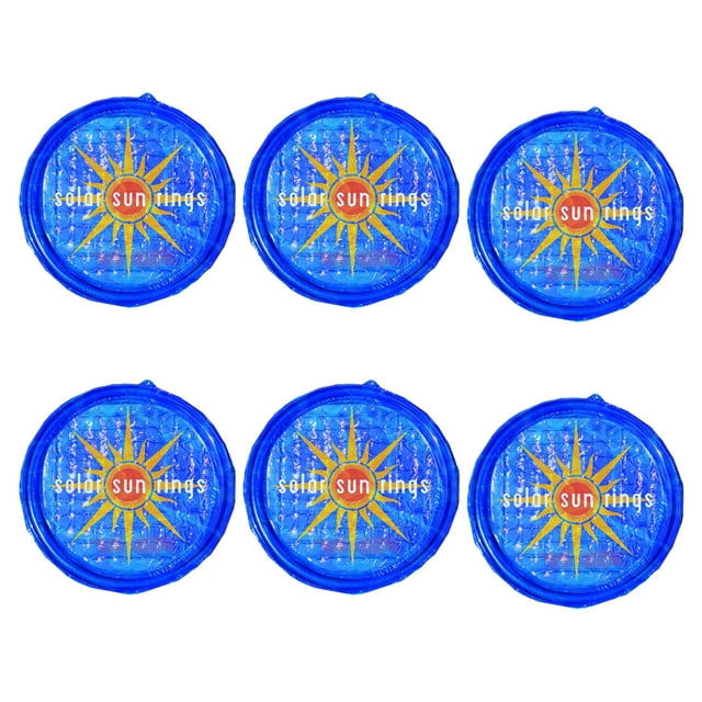 Solar Sun Rings' Anneaux Solaires Résistants aux UV pour Piscine et Spa, Couverture Solaire Circulaire (Lot de 6) avec six Couvertures Solaires Bleues Circulaires au design Soleil et « branding ». Ces Couvertures Solaires Résistantes aux UV Chauffent les Piscines en Utilisant la Lumière du Soleil, Réduisent l'Évaporation et Retiennent la Chaleur pendant la Nuit. Inclut des Oeillets de drainage pour l'Écoulement de l'Eau et des Anneaux Extérieurs Agrandis pour Améliorer la Flottabilité et la Durabilité, Idéal pour le Chauffage Solaire de Piscine.