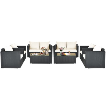 Gymax 8PCS Rattan Patio Conversation Set Outdoor Furniture Set w/ Off White Cushions