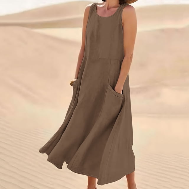 Meichang Robes Sans Manches en Lin pour Femmes Été Coupe Ample Col Rond Décontractées Robes d'Été Évasées Plage Vacances avec Poches