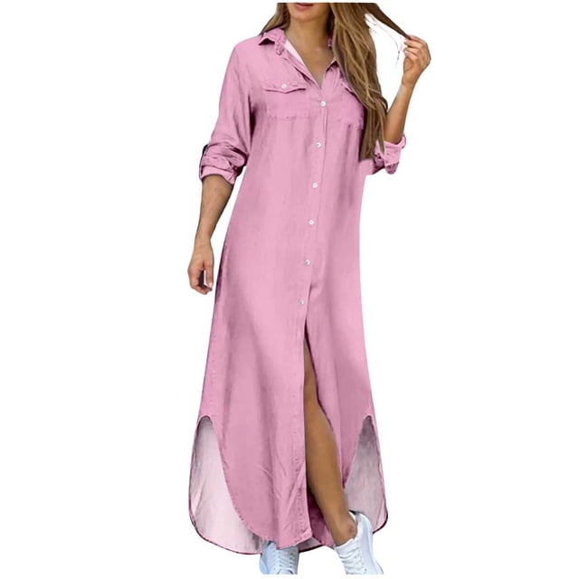 CEHVOM Robe d'Été pour Femme, Couleur Unie, Décontractée, à Manches Longues, Col Rabattu, Robe Maxi Décontractée de Plage, Solde