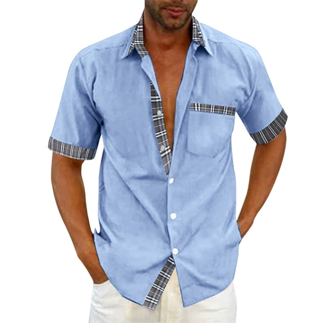 Kcodviy Mens Casual and Buckle Apparel Shirt Pocket Stitching Plaid Short X Large Sleeve Shirt Jacket Short Sleeve Button Down Long Sleeve Button Down