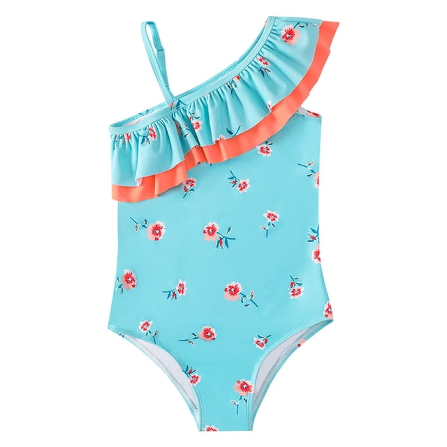 Sunnyoo Girl's One-Piece Swimsuit Ruffle One Shoulder Swimwear UPF 50+ Bathing Suit, Sizes 5-12