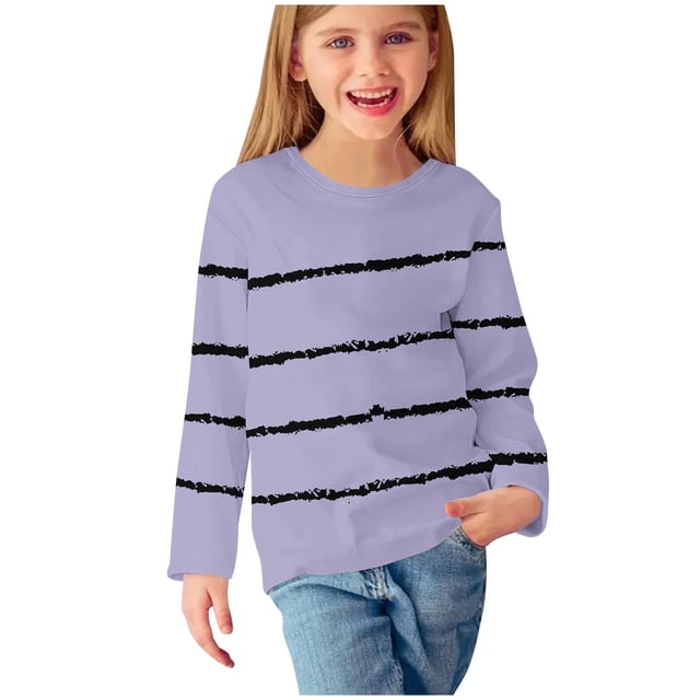 AherBiu T-Shirts à Manches Longues pour Tout-Petites Filles, Col Ras du Cou Décontracté, Rayés, T-Shirts pour Enfants Confortables d'Automne, Hauts pour Enfants