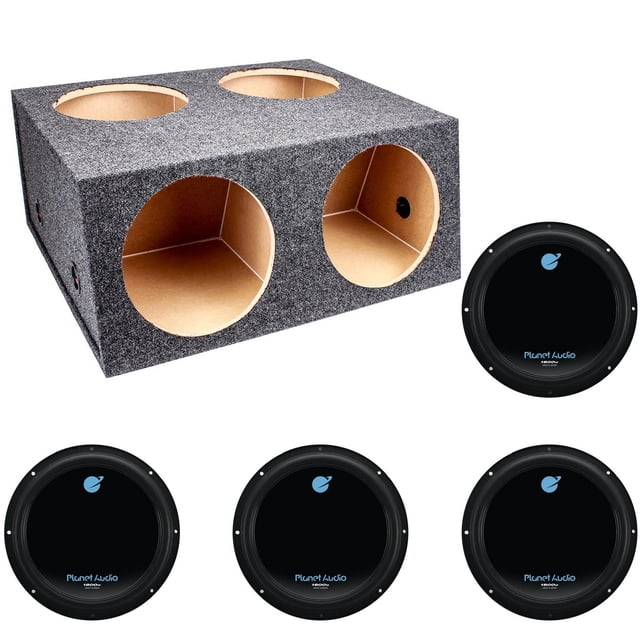 Q Power 4 Hole 12" Sealed Divided Subwoofer Box & 12" 1800W Subwoofer (4 Pack) front-facing view of a charcoal carpeted rectangular sealed enclosure with four 11" cutouts and easy push-button terminals, shown with four Planet Audio 12" subwoofers; enclosure provides ~1 cu ft airspace per sub; subs specified as 1800W max (900W RMS), 2" voice coil, 4 Ω.
