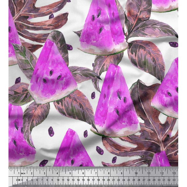 Soimoi Poly Georgette Fabric Monstera Leaves & Watermelon Fruits Printed Fabric 1 Yard 52 Inch Wide