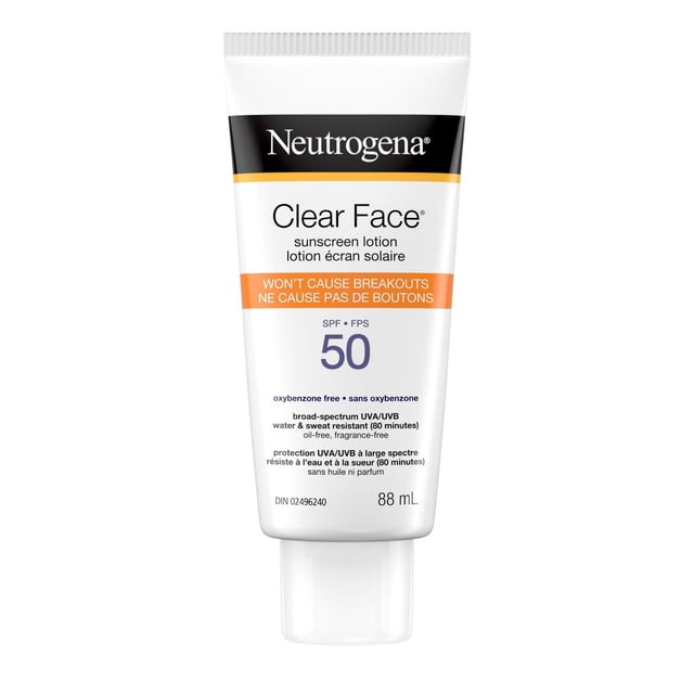 Neutrogena Clear Face Sunscreen Lotion for Acne-Prone Skin in an 88 mL white tube with black and orange label, providing broad spectrum SPF 50 UVA/UVB protection. This oil-free, fragrance-free, and oxybenzone-free facial sunscreen is water-resistant for 80 minutes and non-comedogenic, suitable for preventing sunburn without clogging pores during outdoor activities.