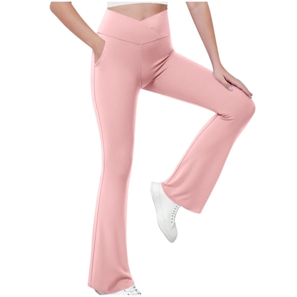 Pitauce Girls Cross High Waisted Flare Leggings with Pockets, Bootcut Wide Leg Yoga Pants Kids Stretchy Dance Bell Bottoms Activewear