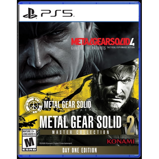 Metal Gear Solid: Master Collection: Vol 2 PlayStation 5 game cover featuring titles Metal Gear Solid 4: Guns of the Patriots and Metal Gear Solid: Peace Walker on a black and yellow background with white and gold text, Konami logo, ESRB Mature 17+ rating, and Day One Edition label.