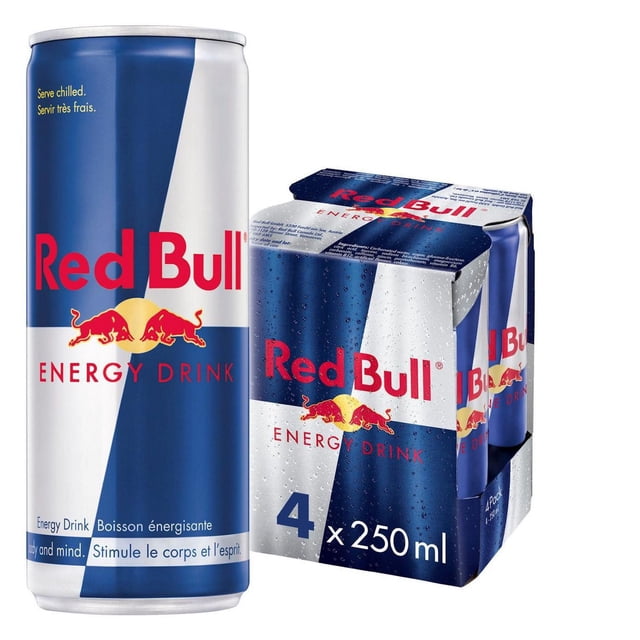 Red Bull Boisson Énergisante, 250 ml (Lot de 4) Montrant une Canette Mince et un carton de Quatre avec Motif Bleu et Argent, logo Red Bull Rouge avec Deux Tambours de Recharge, Gouttes de condensation, 80 mg de Caféine par Canette et Emballage en aluminium recyclable, Convenant à un Regain d'Énergie.