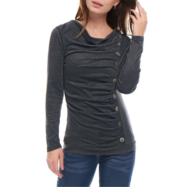 INSPIRE CHIC Women's Cowl Neck Buttons Decor Long Sleeves Ruched Top