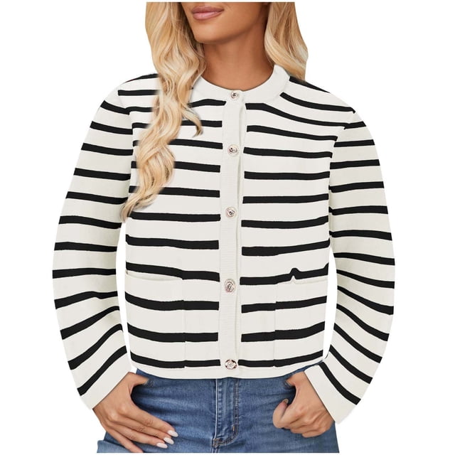 MeetoTime Women's Long Sleeve Striped Cardigan Sweaters Button Down Open Front Long Sleeve Knit Outwear with Pockets