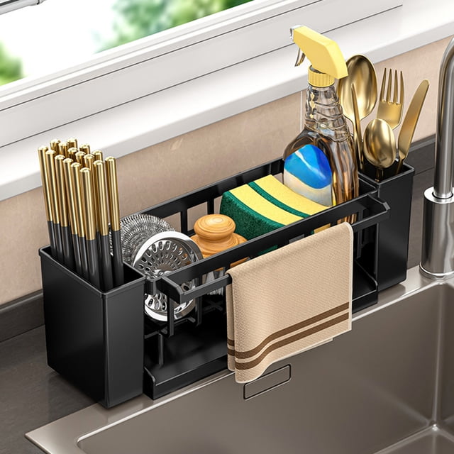 Pisexur Sponge Kitchen Sink Caddy Organizer Brush Sink Sponge With Auto Draining Tray Black